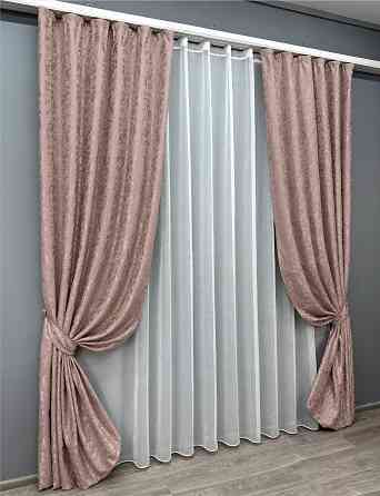 Комплект штор VR-Textil Лен Мрамор 150х270 2шт и Тюль 600х270 1716ш-1276т Пудровый с белым 71-012/5 Киев