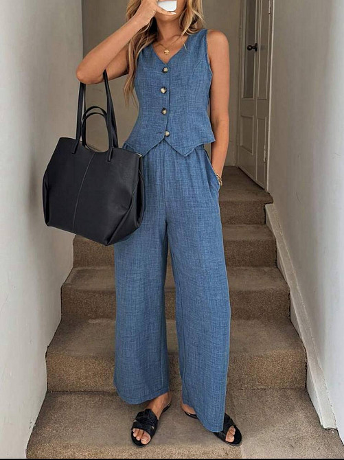 Жіночий базовий брючний костюм-двійка: жилет і штани льон бохо Джинс, 44/46 Одеса - фото 3