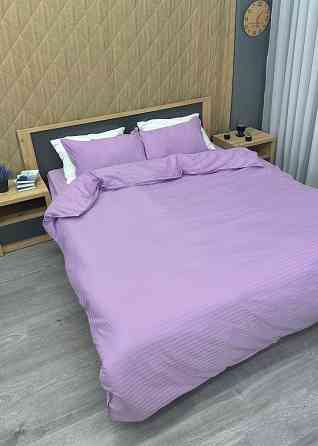 Комплект постільної білизни Страйп-сатин Двоспальний 180х220 з простирадлом на резинці Лавандовий (88-175) Київ