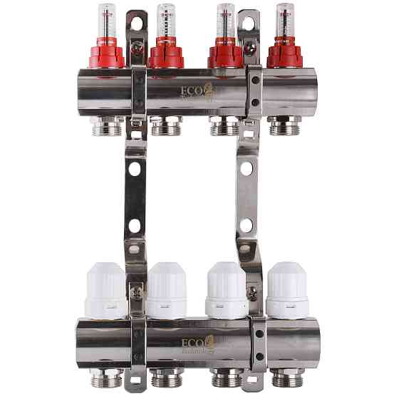 Колектор з вимірювачем витрат, регуляторами та кріпленням ECO 001D 1″x4 Тернопіль