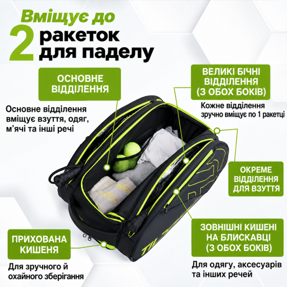 Рюкзак для падела тенисный для тренировки хранения формы, спортивного инвентаря на корте, цвет салатовий Q25-009_yellow Каменец-Подольский