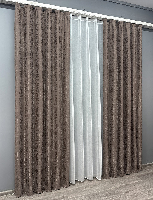 Комплект штор VR-Textil Лен Мрамор 200х270 2шт и Тюль 500х270 1718ш-1276т Какао с белым 71-014/6 Киев - изображение 3