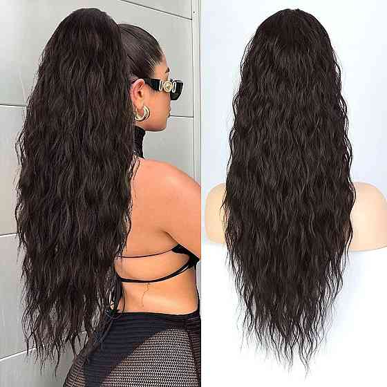 Хвост накладной длинный вьющийся каштановый, шиньон на шнурке волнистый, термостойкие коричневые волосы 75 см Киев