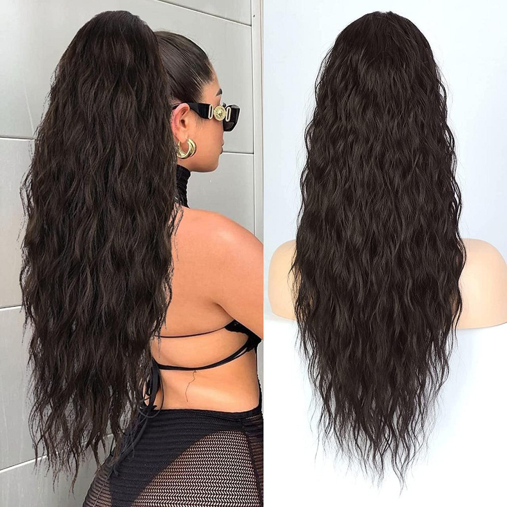 Хвіст накладний довгий кучерявий каштановий, шиньйон на шнурку хвилястий, термостійке коричневе волосся для швидкого нарощування Київ - фото 1