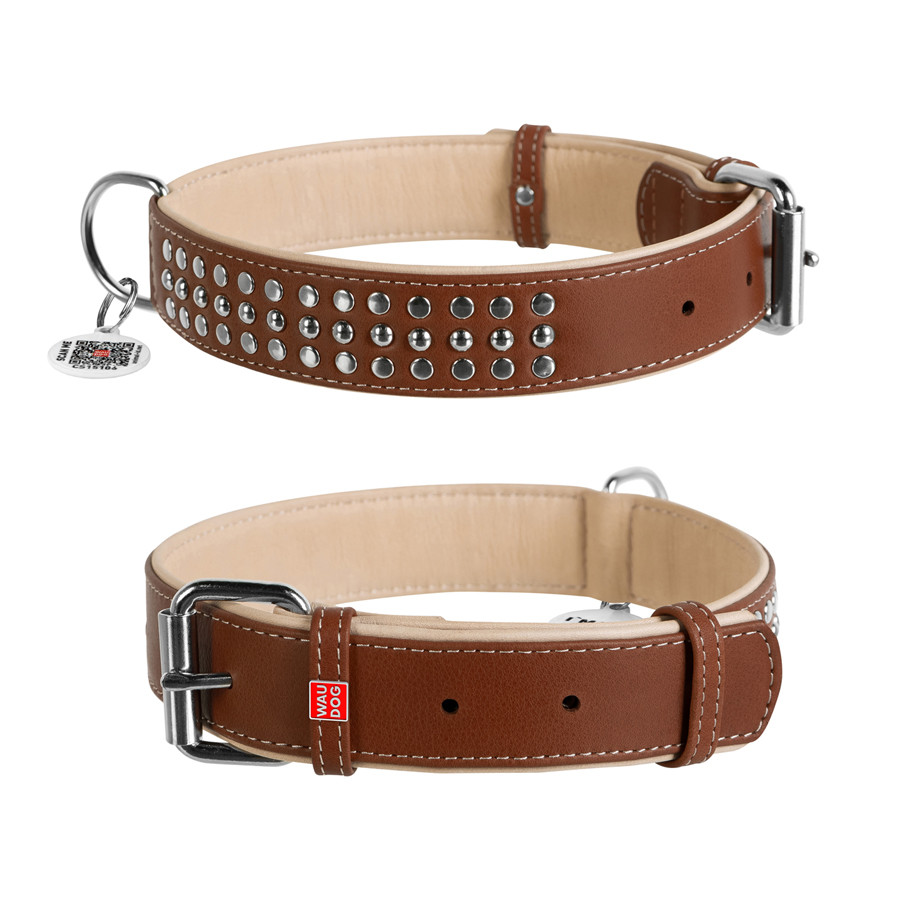 Нашийник для собак шкіряний WAUDOG Soft з QR паспортом, металічні прикраси, Ш 35 мм, Дов 57-71 Коломыя - изображение 1