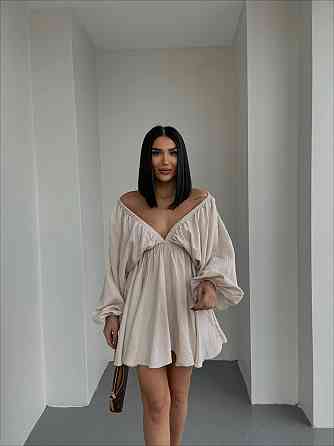 Женское легкое мини платье свободного кроя креп жатка Беж Одесса