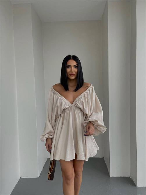 Женское легкое мини платье свободного кроя креп жатка Беж Одесса - изображение 4