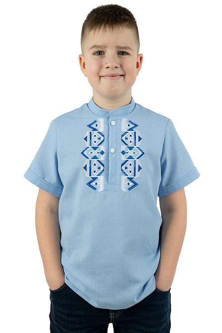 Вишиванка для хлопчиків, лляна, короткий рукав, блакитна, топ Київ - фото 1