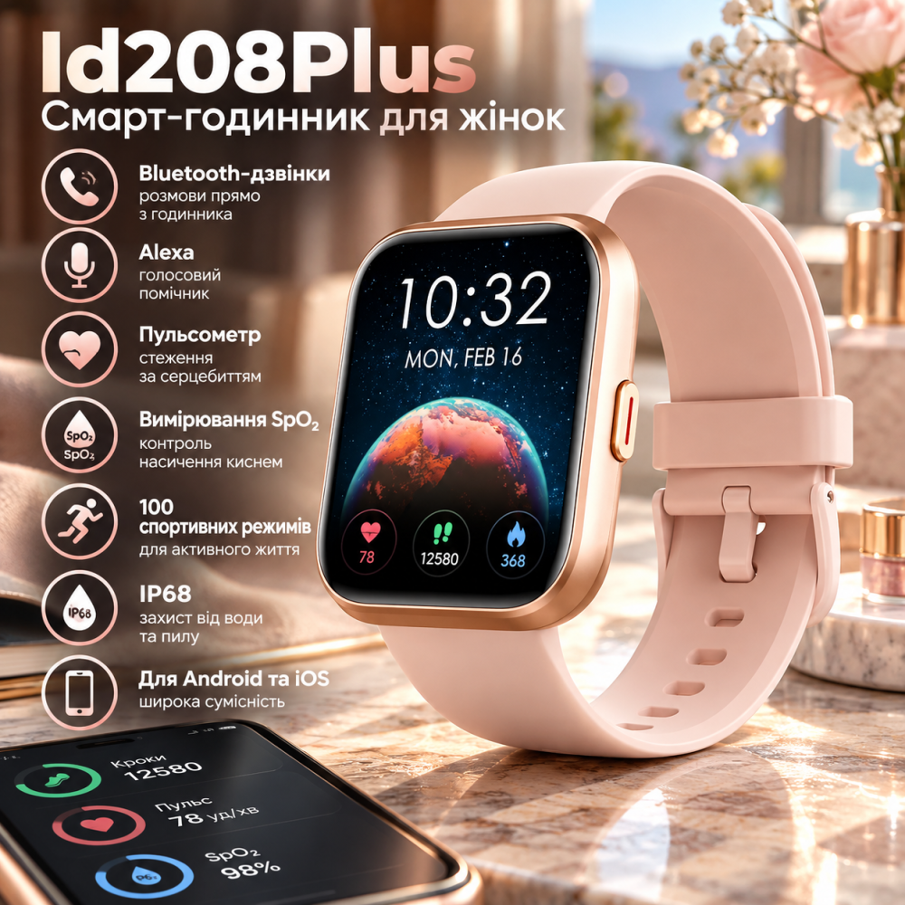Смарт-годинник Id208Plus для жінок, 1,8″ HD, Bluetooth-дзвінки, Alexa, пульсометр, SpO₂, 100 спортивних режимів, IP68, для Android Київ - фото 1
