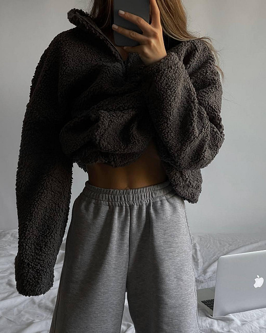Жіноча стильна тепла оверсайз худі букле баранчик Графіт Одеса - фото 2