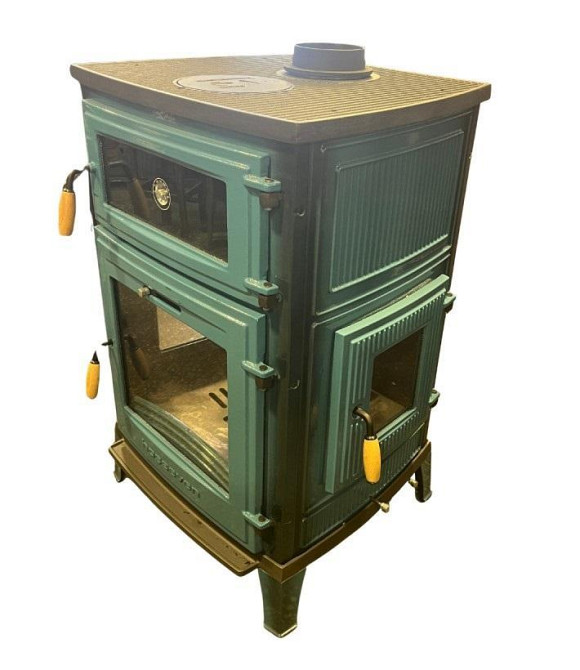 Піч-камін чавунна на дровах з духовкою Hosseven 8000E 13 кВт три скла верхній димохід блакитна Тернопіль - фото 2