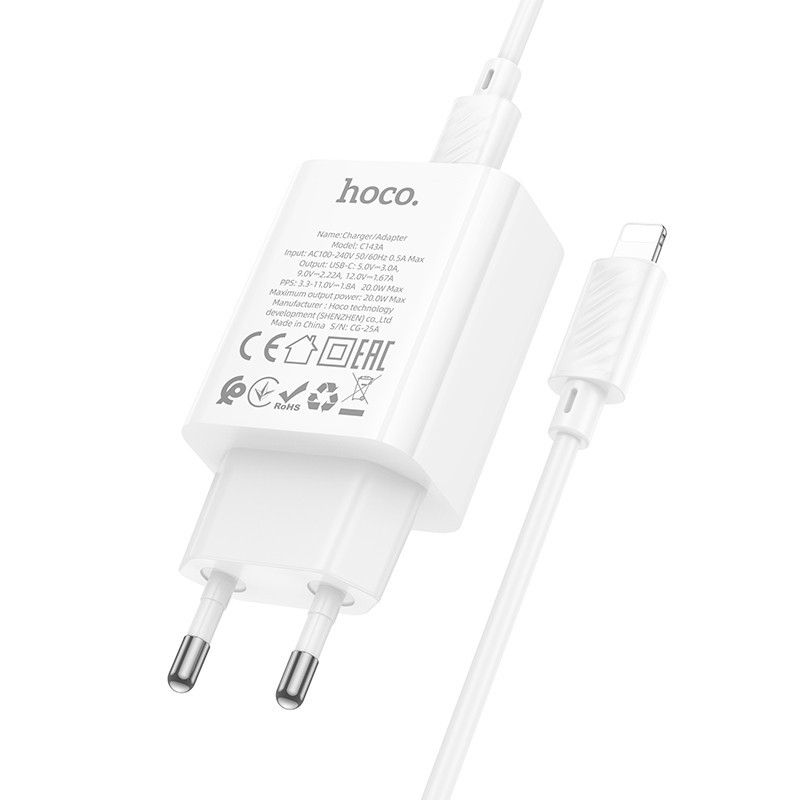 Сетевое зарядное устройство с кабелем HOCO C143A Benefit single port PD20W charger set(C to iP) White Одесса - изображение 7