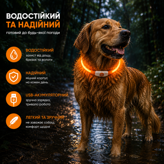 Светодиодный ошейник PetSol LED для собак, USB-аккумуляторный, 3 режима, водостойкий, оранжевый Киев