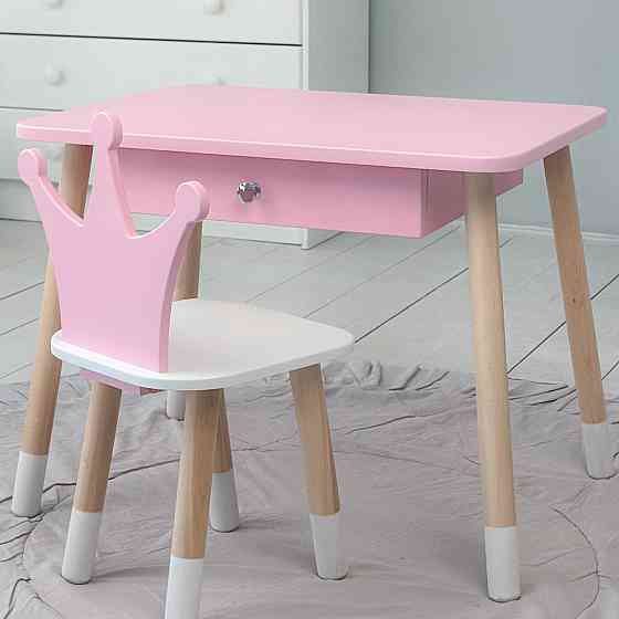 Стіл прямокутний з ящиком 46х60х45 і стілець корона 26х26х24, столик та стільчик в дитячу, рожевий з білим Київ