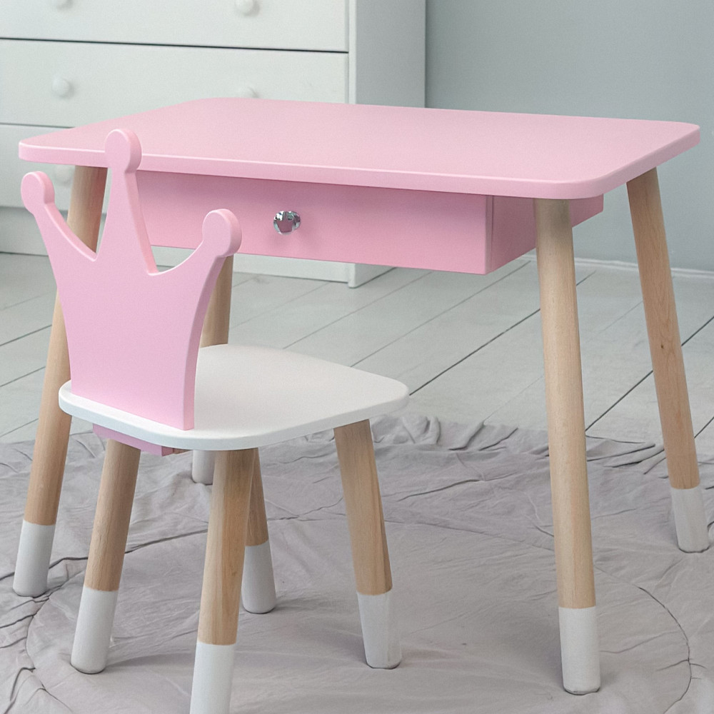Стіл прямокутний з ящиком 46х60х45 і стілець корона 26х26х24, столик та стільчик в дитячу, рожевий з білим Київ - фото 6