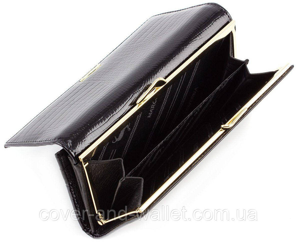 Чорний лаковий жіночий гаманець з натуральної шкіри на магнітній фіксації Marco Coverna Київ - фото 8