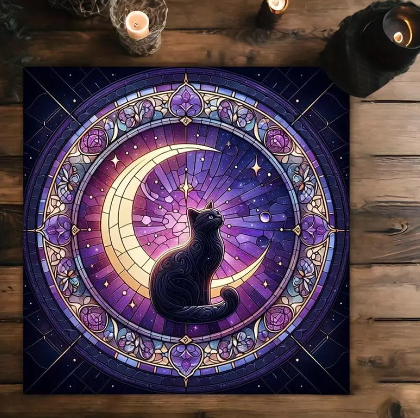 Алтарная скатерть для карт Таро и Рун. Скатерть для гадания 49*49 см. Скатерть с черным котом Киев - изображение 2