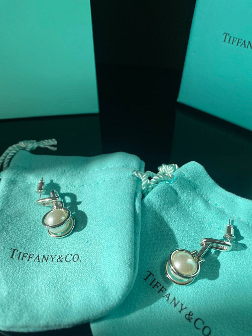 Tiffany Тиффани серьги с жемчугом, посеребрение, упакованы в мешочек Одесса - изображение 3