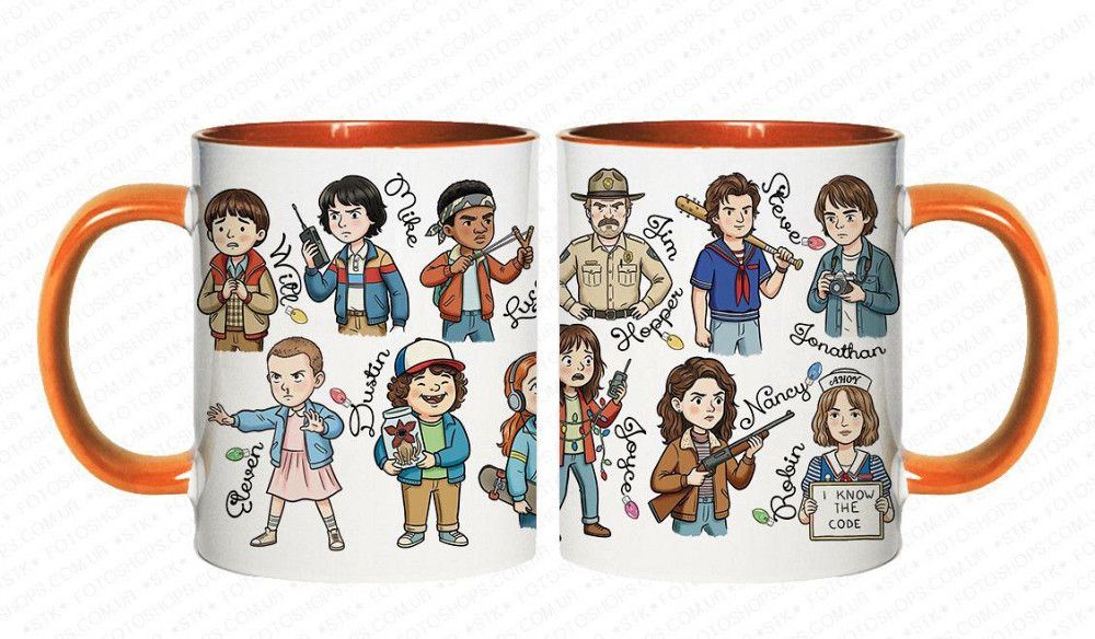☕ Кухоль з головними героями серіалу «Дуже дивні справи» (Stranger Things) Білий з помаранчевим Одеса - фото 1