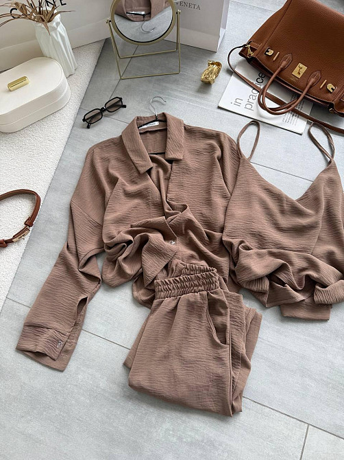 Жіночий легкий прогулянковий костюм-трійка: сорочка майка та штани креп жатка Моко, 42/46 Одеса - фото 2