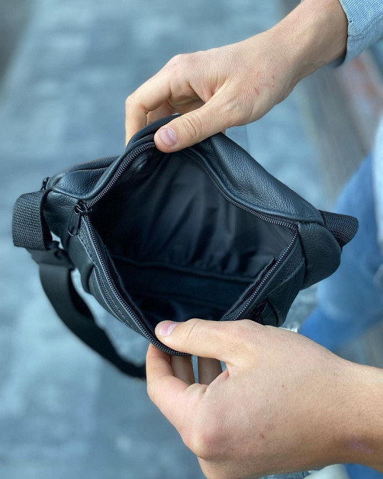 Сумка на пояс мужская бананка кожаная поясная из натуральной кожи кожа черная Киев - изображение 4
