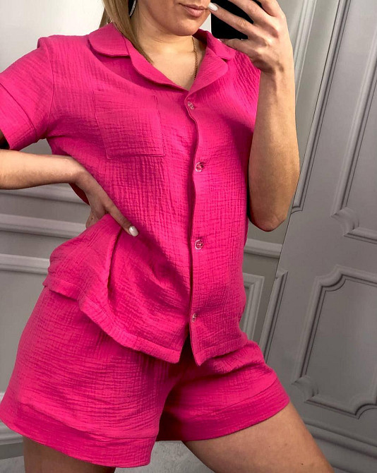 Пижама женская шорты и рубашка муслиновая Малиновый XL Харьков - изображение 1