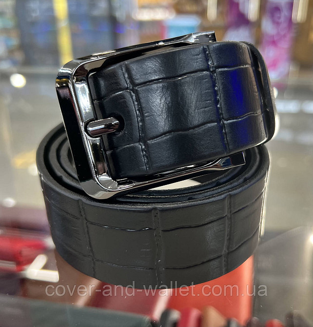 Широкий чоловічий ремінь із італійської шкіри з фактурою під крокодил (чорний)  40 мм PS Leather Київ - фото 1