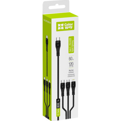 Дата кабель USB 2.0 AM to Lightning + Micro 5P + USB-C 1.2m 3.0A (PD60W data) Black ColorWay (CW-CBPDU3060-BK) Винница - изображение 10