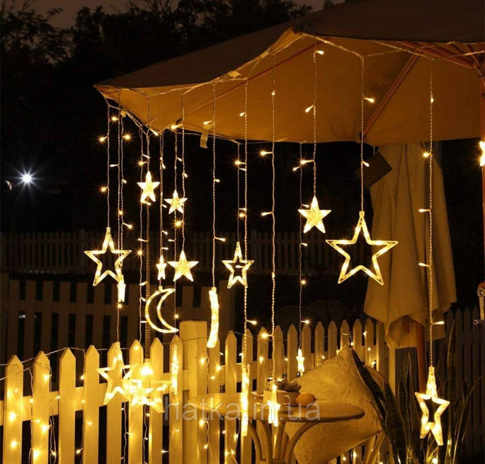 Гірлянда штора LED новорічна VALESO зірки/місяць 12 підвісок 3м×0,6м тепле світло LKS3436 Київ - фото 5