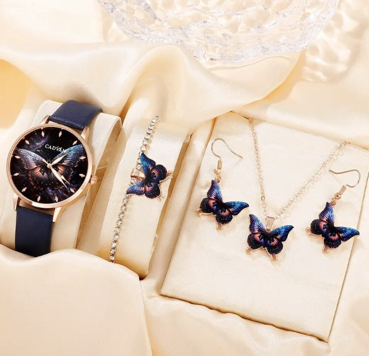 Подарочный набор для женщин Бабочка: наручные часы, браслет, ожерелье и серьги- без подарочной коробки, синий Киев - изображение 2
