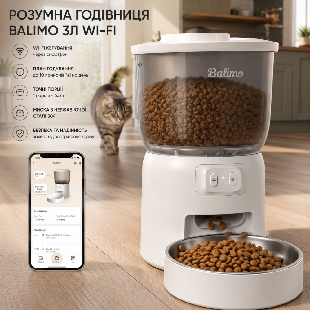 Автоматическая кормушка Balimo 3л с Wi-Fi: Умный дозатор корма для котов и собак, управление со смартфона, миска из нержавеющей Киев - изображение 11