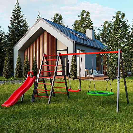 Гойдалка з гніздом лелеки, драбиною та гіркою K-Sport KSOZ015DJZ - червоно-сіра Київ