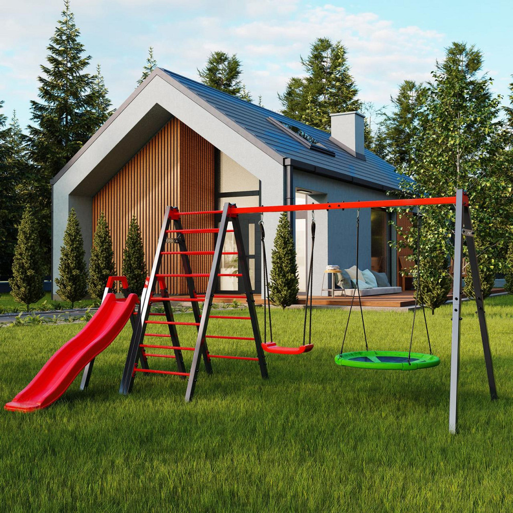 Гойдалка з гніздом лелеки, драбиною та гіркою K-Sport KSOZ015DJZ - червоно-сіра Київ - фото 5