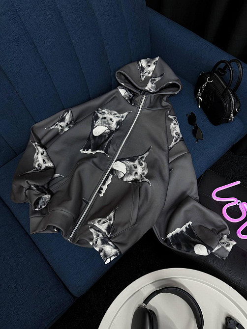 Жіноче тепле оверсайз худі на блискавці з доберманами тринитка на флісі Графіт Одеса - фото 3