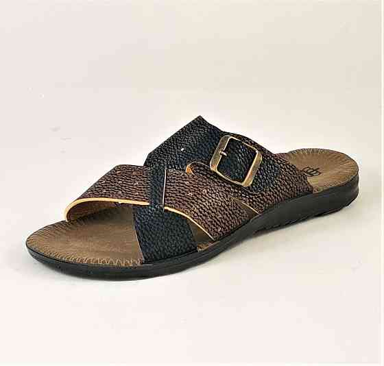 Мужские Шлёпанцы Тапочки Сланцы Чёрные с Коричневым Кожаные (размеры: 41,42,43,44) Днепр