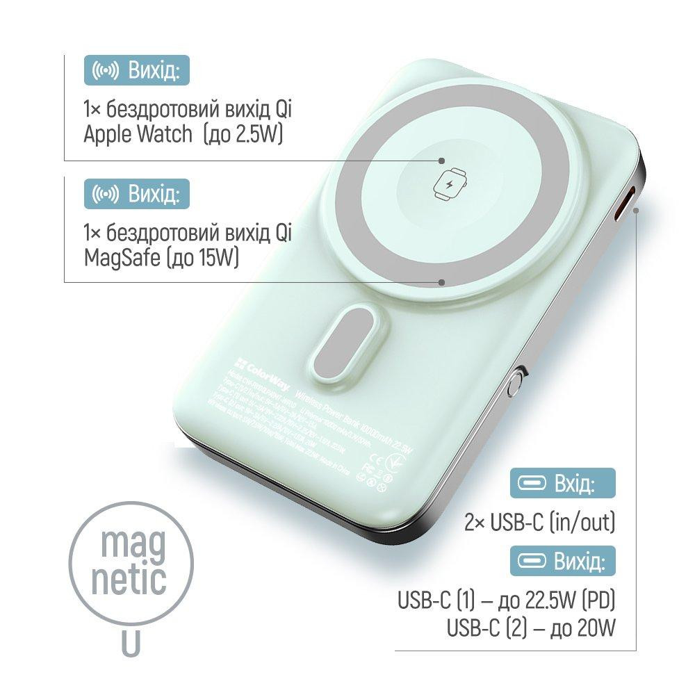 Універсальна мобільна батарея ColorWay 15W MagSafe & Watch Wireless 10000 mAh Aquamarine (CW-PB100LPA2MT-WPDD) ( 15515 ) Харків - фото 18