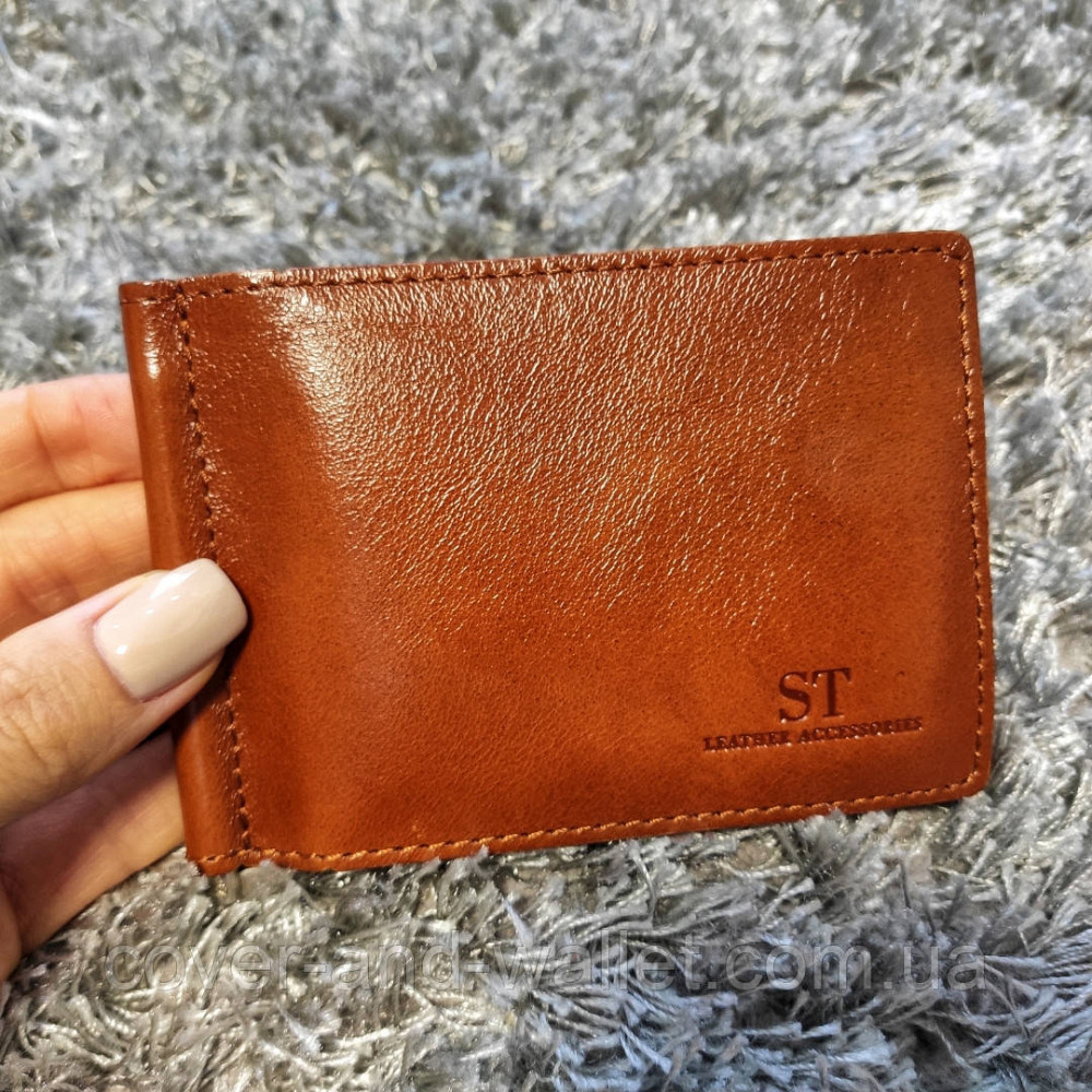 Кожаный зажим для денег на магнитах рыжего цвета ST B4-15 Киев - изображение 1
