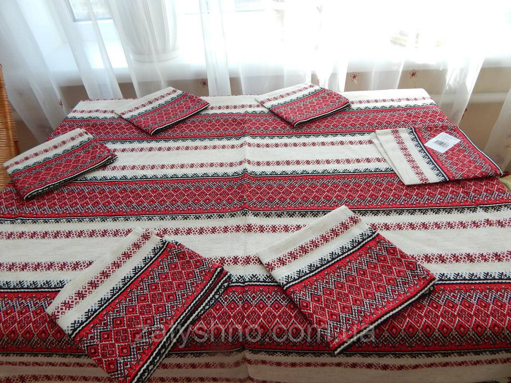 Красный  комплект скатерти и салфеток на льне Киев - изображение 1