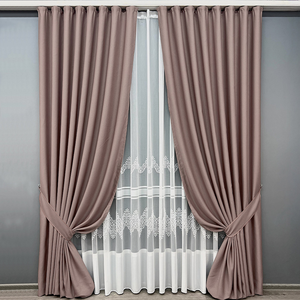 Комплект штор VR-Textil рогожка премиум TERRA LUXE 150х270 2шт и Тюль 600х270 1863ш-1704т Пудровый с белым 71-112/5 Киев - изображение 1