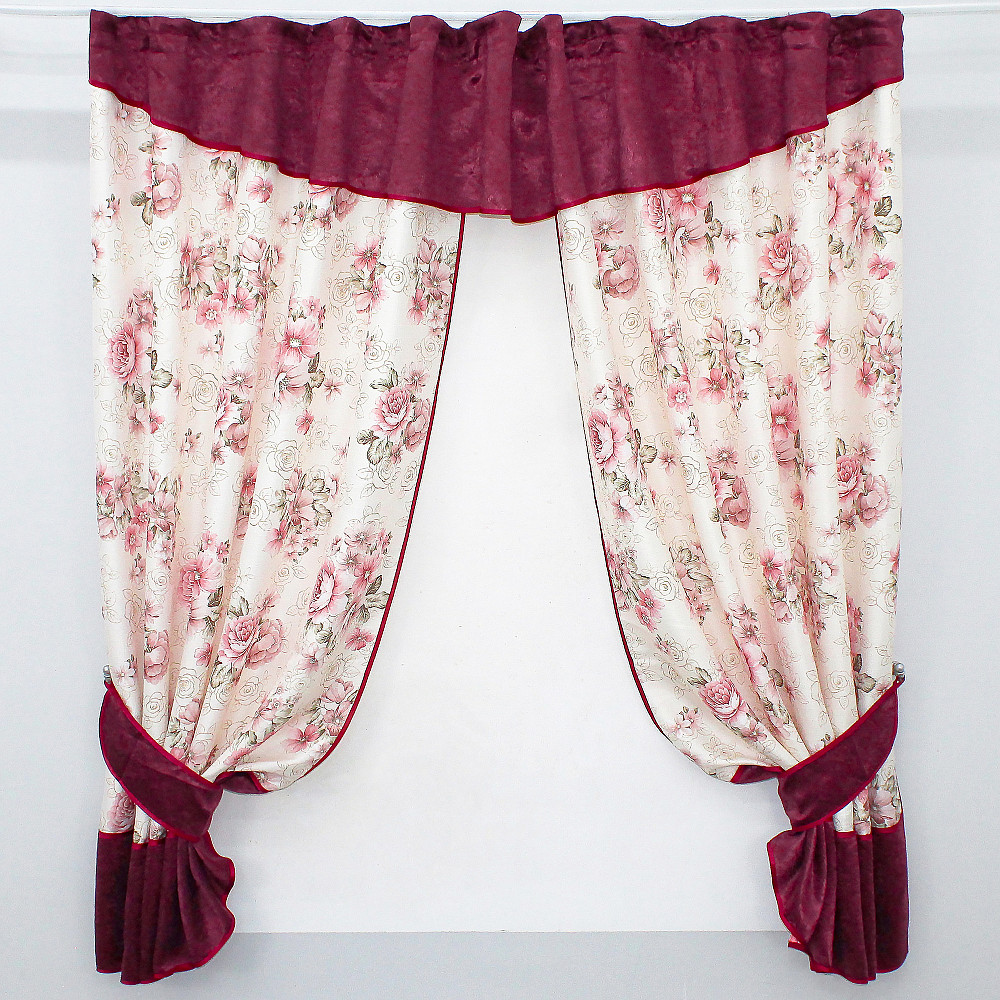 Кухонные шторы VR-Textil № 073к с ламбрекеном и подхватами бордовый с персиковым 270х160 см (52-0520) Киев - изображение 1