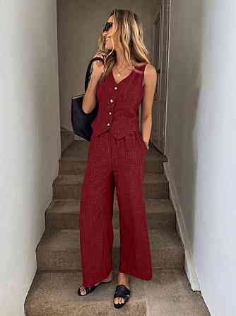 Жіночий базовий брючний костюм-двійка: жилет і штани льон бохо Бордо, 42/44 Одеса