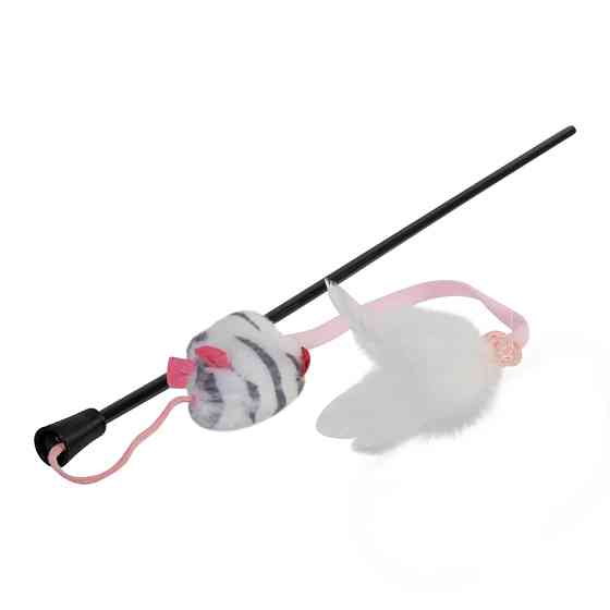 Іграшка для котів Дражнилка на стеку з мишкою зі звуковим ефектом GiGwi Teaser, перо, пластик, Коломыя