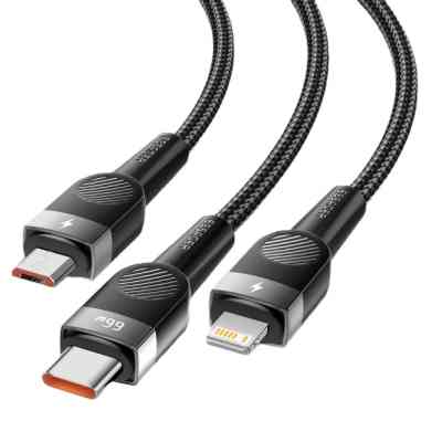 Дата кабель USB 2.0 AM to Lightning + Micro 5P + Type-C 1.2m 66W black Essager (EXCMTL-XJ01) Вінниця