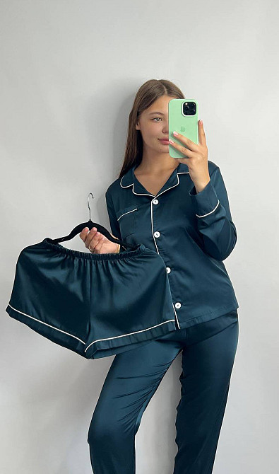 Комплект шелковый тройка рубашка с шортами и штанами Темно-изумрудный M Харьков - изображение 1