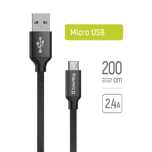 Кабель USB MicroUSB ColorWay CW-CBUM009-BK 2,4A 2м чорний Житомир