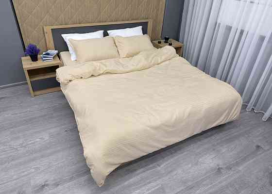 Комплект постельного белья Страйп-сатин Семейный с простыней на резинке 180х200х25, 2 пододеяльника 150х200, 2 наволочки 70х70 Кремовый (88-222) Киев