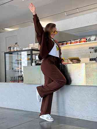 Женский костюм оверсайз с широкими брюками из двунитки Коричневый 50/52 Харьков