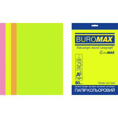 Папір Buromax А4, 80g, NEON, 4colors, 20sh, EUROMAX (BM.2721520E-99) Вінниця - фото 1