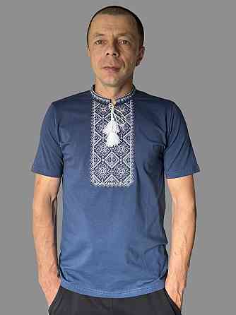 Мужская синяя вышиванка с белоснежным орнаментом Киев