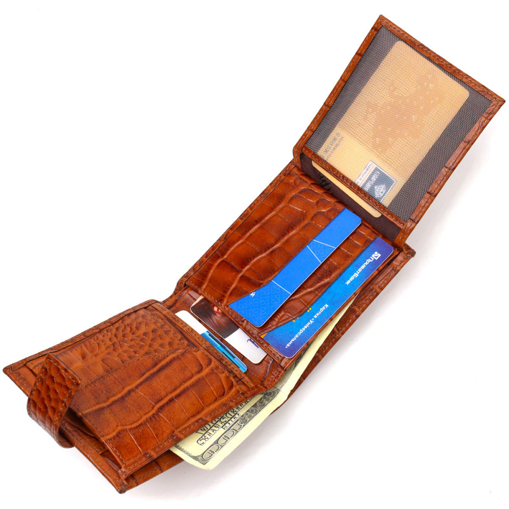 Незвичайний горизонтальний гаманець для чоловіків з натуральної шкіри з тисненням під крокодила CANPELLINI 21893 Рудий Київ - фото 7